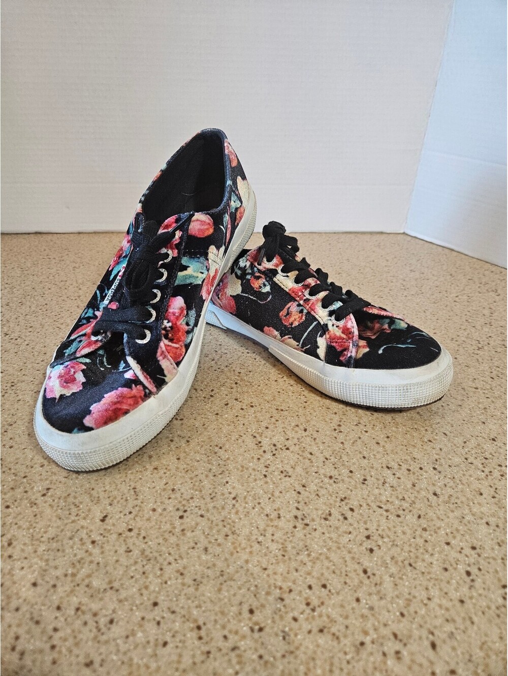 Superga Black Floral Lace Up Sneakers Size 7.5
